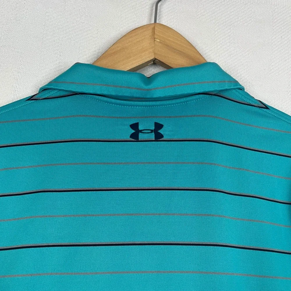 Under Armour Youth Large Teal Blue Striped HeatGear Short Sleeve Polo Shirt